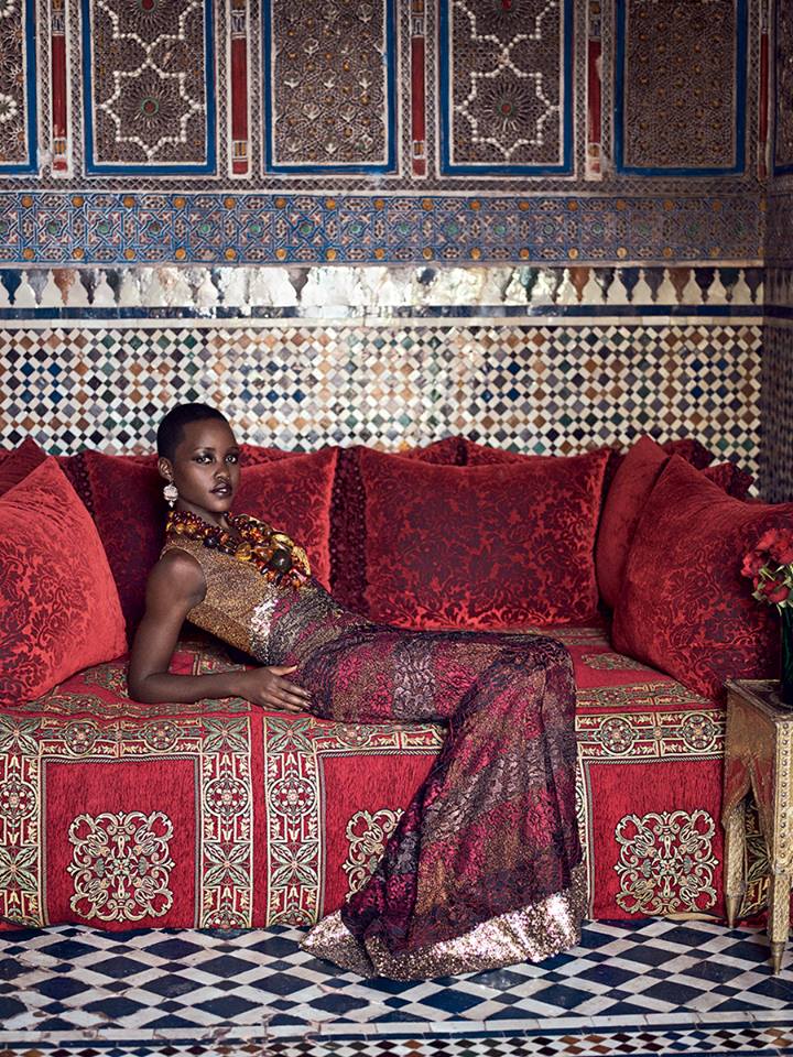 Pattern Play When she was growing up in Kenya, Nyong’o says, acting “wasn’t a viable career path. It’s not seen as a prestigious profession.” Rodarte metallic lace dress with sequins. Judy Geib Plus Alpha diamond–and–gold filigree earrings. Fred Leighton amber necklaces. Photographed in the tearoom at the Riad Madani.